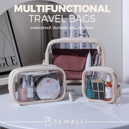 BS-MALL Toiletry Bag Waterproof Makeup Organizer Travel Size Clear - 3 Pack Faux Leather Cosmetic Case Avelisse