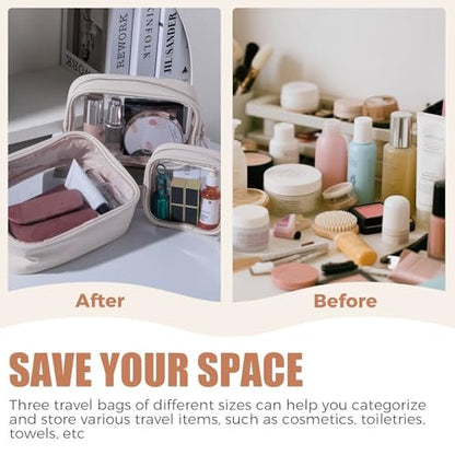 BS-MALL Toiletry Bag Waterproof Makeup Organizer Travel Size Clear - 3 Pack Faux Leather Cosmetic Case Avelisse