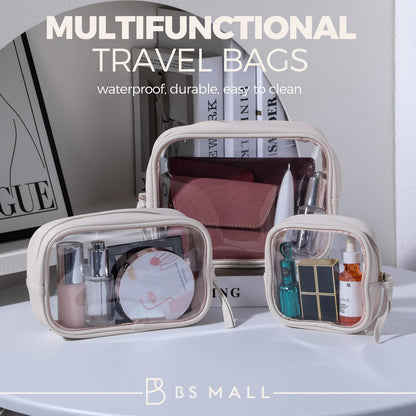 BS-MALL Toiletry Bag Waterproof Makeup Organizer Travel Size Clear - 3 Pack Faux Leather Cosmetic Case Avelisse
