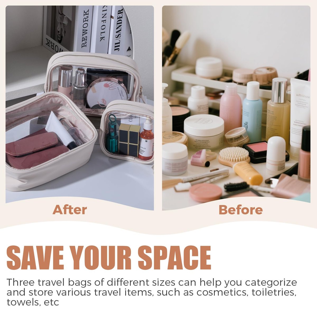 BS-MALL Toiletry Bag Waterproof Makeup Organizer Travel Size Clear - 3 Pack Faux Leather Cosmetic Case Avelisse