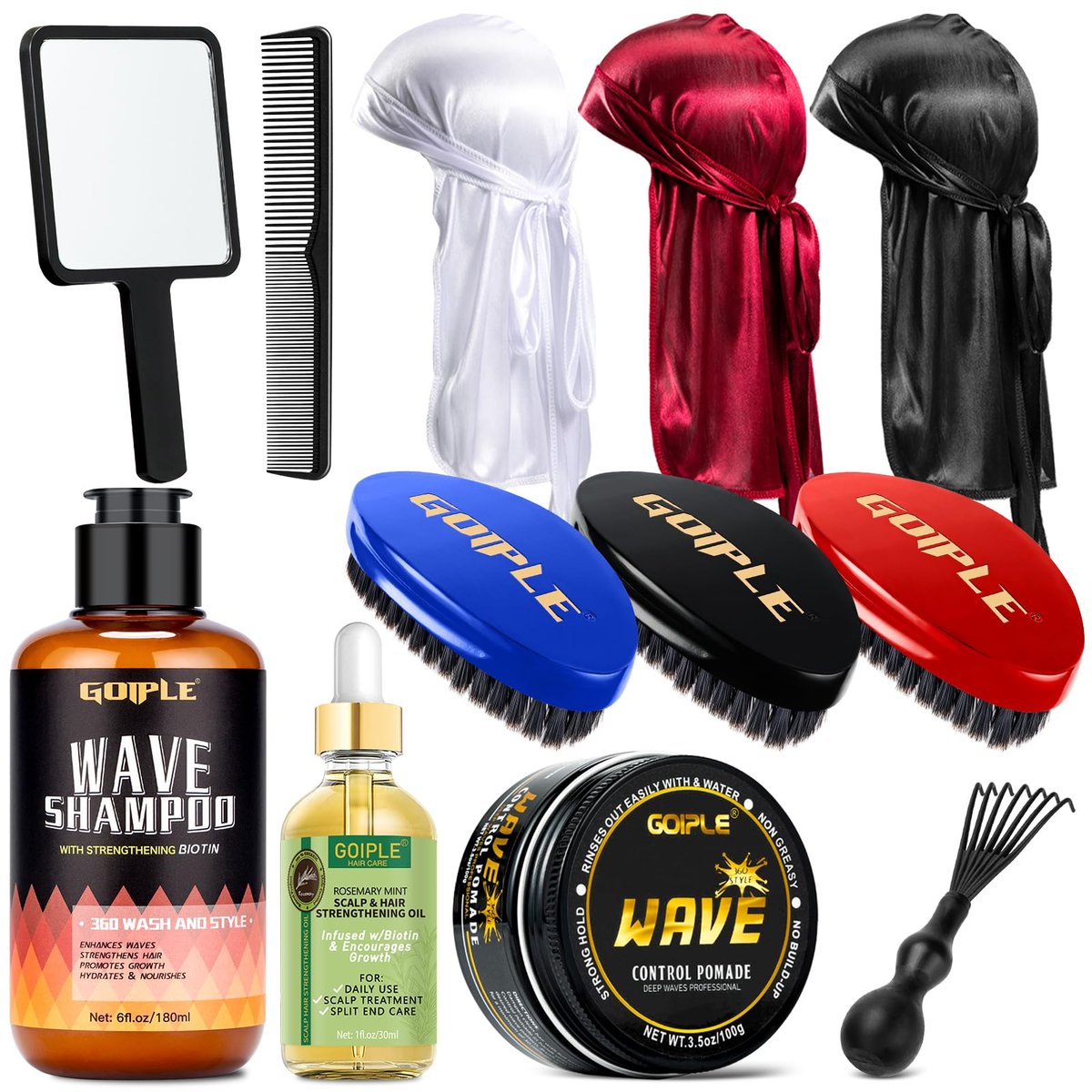 360 Wave Kit for Men: Complete Grooming Set for 360 Waves – 3 Wave Brushes, Durag, Pomade, Shampoo, Rosemary Oil & More – Best Gift Set Avelisse