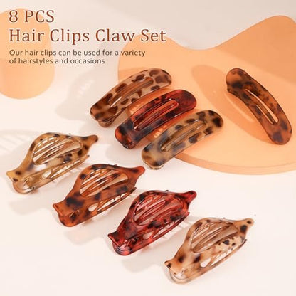 8 Pcs Flat Hair Clips - Tortoiseshell French Design Claw Clips for Women, Strong Hold Non-Slip Duckbill Clips for Thin & Thick Hair (Leopard Print)
