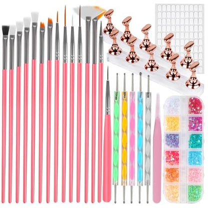 vivinin 25-Piece Nail Art Tools Set - Professional Nail Brushes, Dotting Tools, Striping Pens, Jelly Glue, Tweezers & Sequins Kit for Beginners and Pros