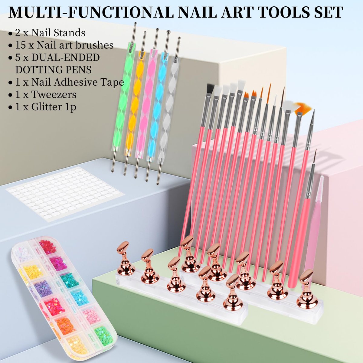 vivinin 25-Piece Nail Art Tools Set - Professional Nail Brushes, Dotting Tools, Striping Pens, Jelly Glue, Tweezers & Sequins Kit for Beginners and Pros - görsel 13