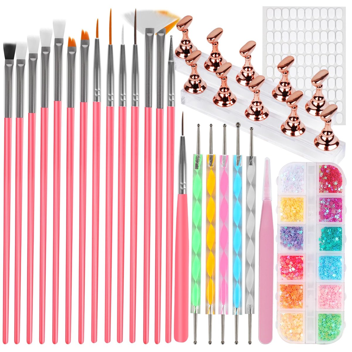 vivinin 25-Piece Nail Art Tools Set - Professional Nail Brushes, Dotting Tools, Striping Pens, Jelly Glue, Tweezers & Sequins Kit for Beginners and Pros - görsel 1