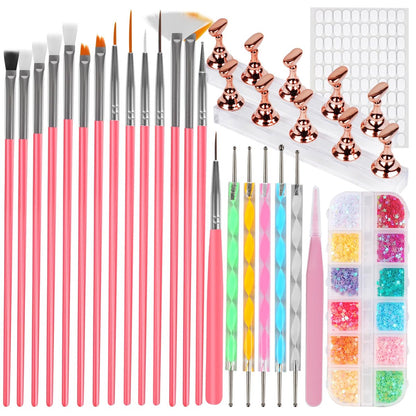 vivinin 25-Piece Nail Art Tools Set - Professional Nail Brushes, Dotting Tools, Striping Pens, Jelly Glue, Tweezers & Sequins Kit for Beginners and Pros
