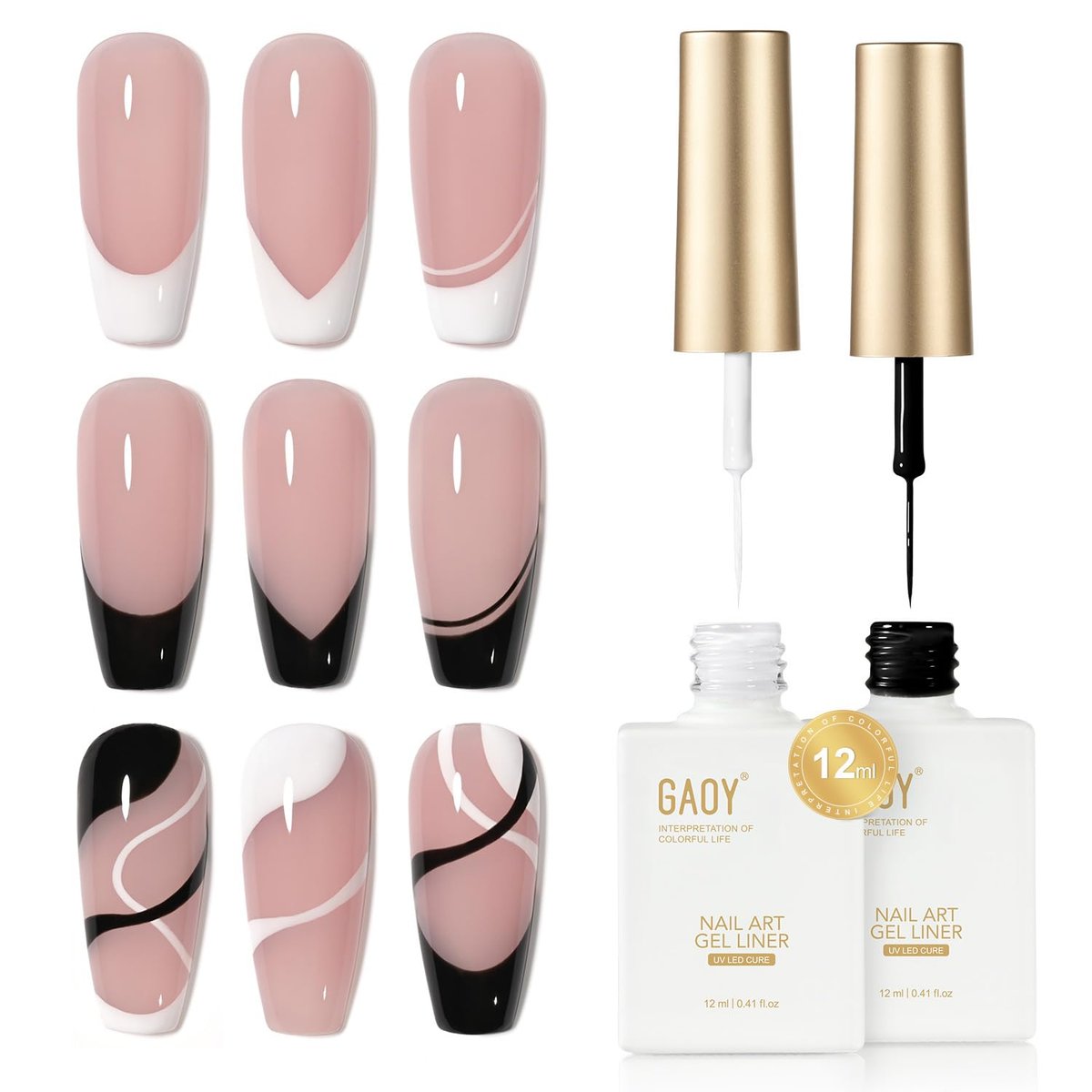 GAOY Gel Nail Polish Art Liner Set - White and Black 12ml Each, Thin Brush for DIY French Manicure at Home - görsel 1