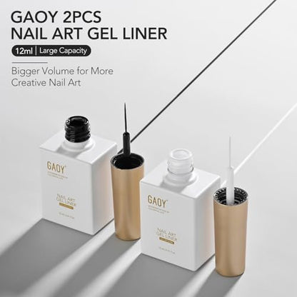 GAOY Gel Nail Polish Art Liner Set - White and Black 12ml Each, Thin Brush for DIY French Manicure at Home