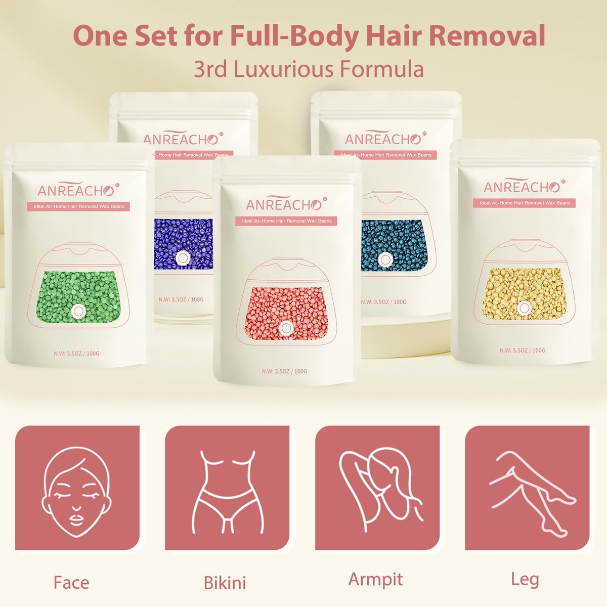 Anreacho 1.1 lb Hard Wax Beans for Hair Removal – Brazilian, Bikini, Face, Eyebrows, Underarms, Chest, Back, Legs – Wax Refill for Women & Men – Pack of 5 Avelisse
