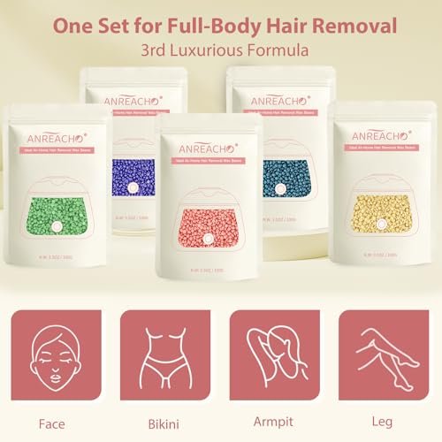 Anreacho 1.1 lb Hard Wax Beans for Hair Removal – Brazilian, Bikini, Face, Eyebrows, Underarms, Chest, Back, Legs – Wax Refill for Women & Men – Pack of 5 Avelisse