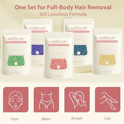 Anreacho 1.1 lb Hard Wax Beans for Hair Removal – Brazilian, Bikini, Face, Eyebrows, Underarms, Chest, Back, Legs – Wax Refill for Women & Men – Pack of 5 Avelisse