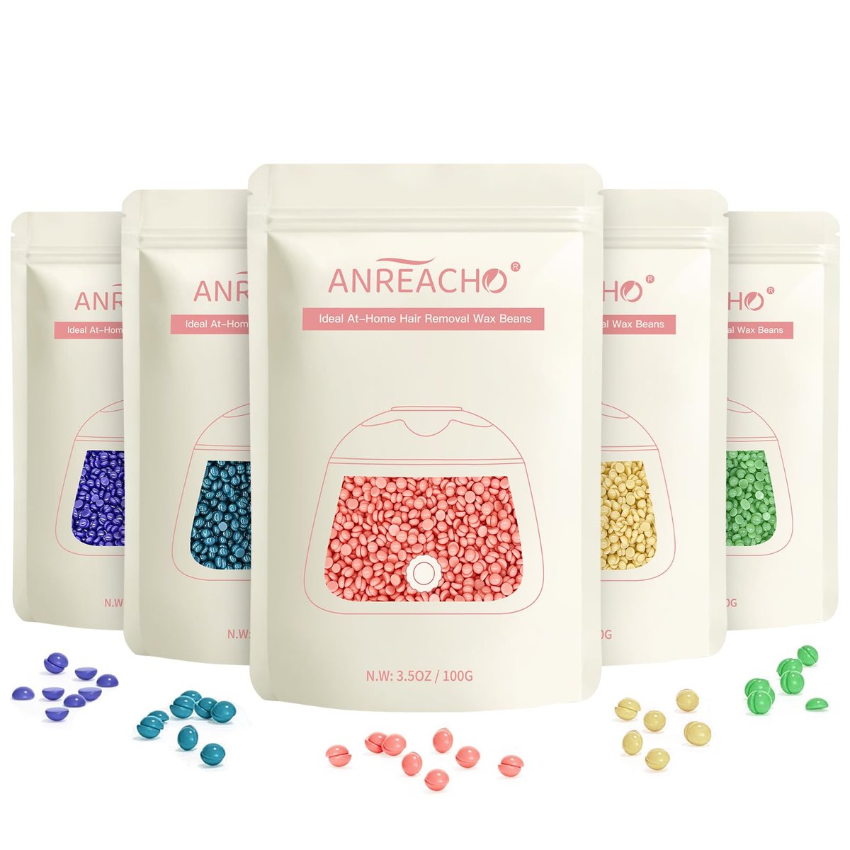 Anreacho 1.1 lb Hard Wax Beans for Hair Removal – Brazilian, Bikini, Face, Eyebrows, Underarms, Chest, Back, Legs – Wax Refill for Women & Men – Pack of 5 Avelisse