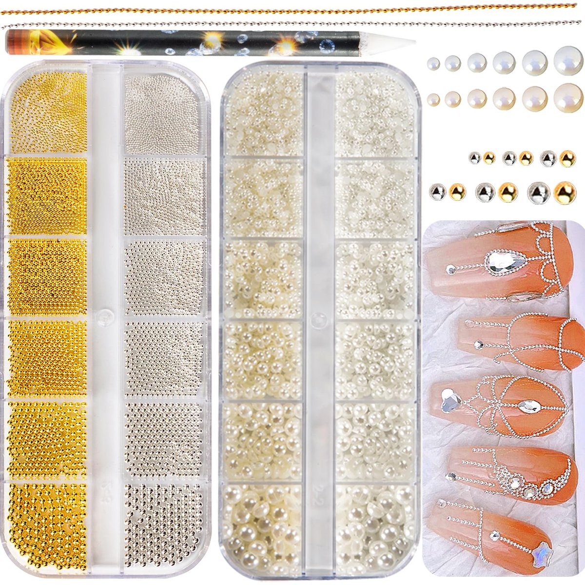4390pcs Gold Nail Charms Caviar Beads for Nails - 2 Box Silver & Gold Beads and Flatback Pearls for Nail Art Supplies - görsel 1