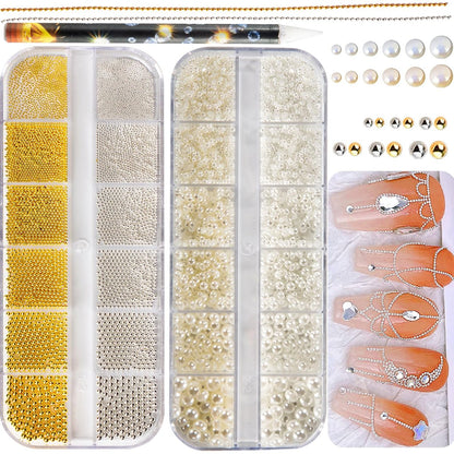 4390pcs Gold Nail Charms Caviar Beads for Nails - 2 Box Silver & Gold Beads and Flatback Pearls for Nail Art Supplies
