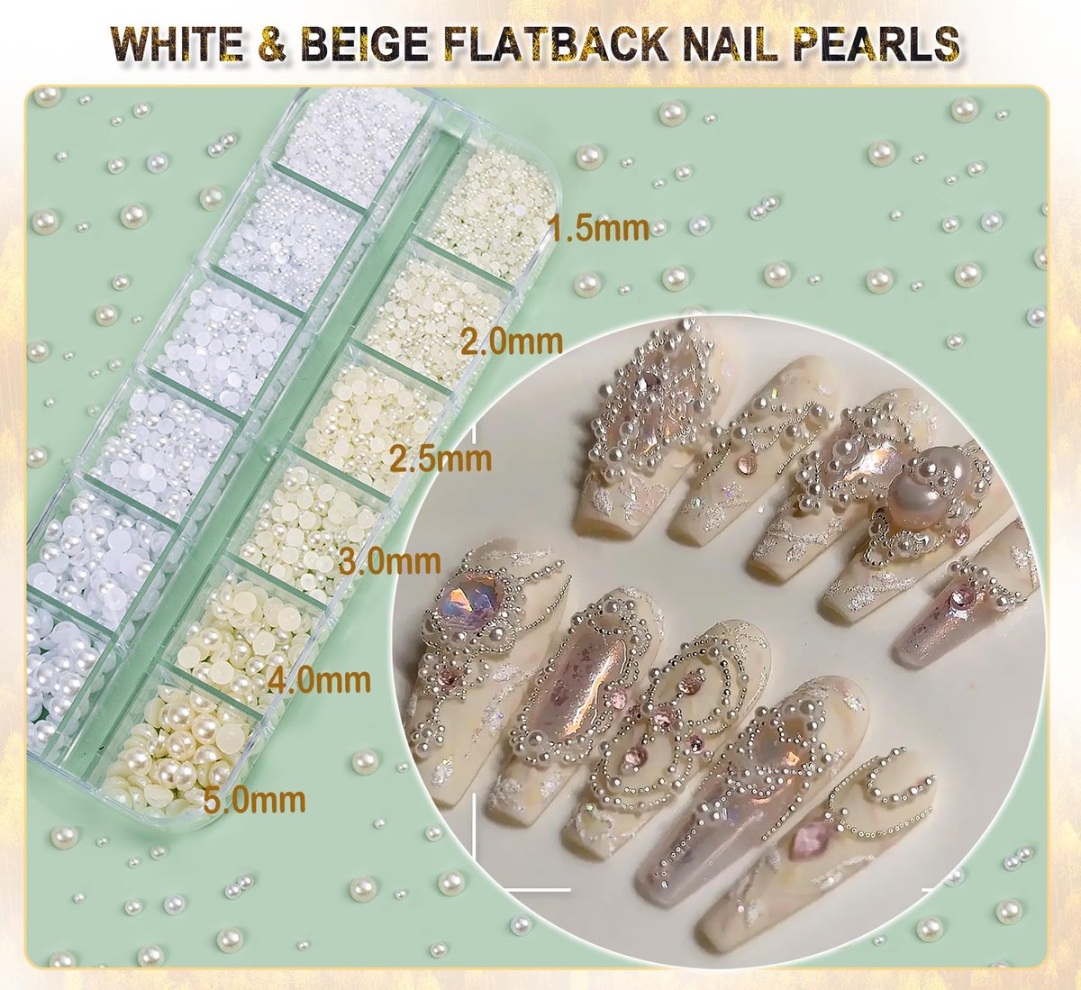 4390pcs Gold Nail Charms Caviar Beads for Nails - 2 Box Silver & Gold Beads and Flatback Pearls for Nail Art Supplies - görsel 7