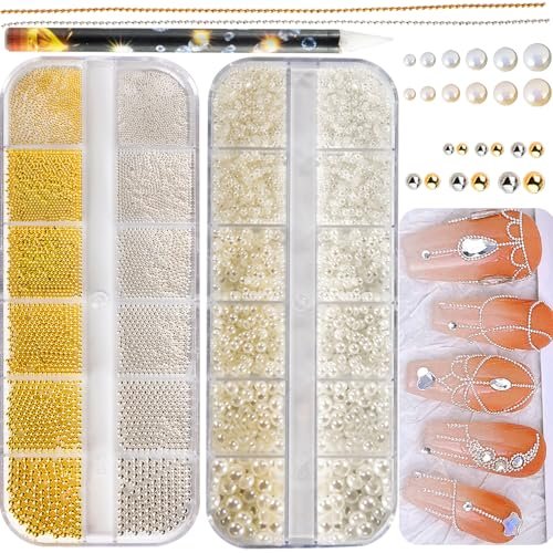 4390pcs Gold Nail Charms Caviar Beads for Nails - 2 Box Silver & Gold Beads and Flatback Pearls for Nail Art Supplies - görsel 2