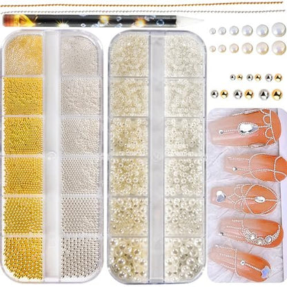 4390pcs Gold Nail Charms Caviar Beads for Nails - 2 Box Silver & Gold Beads and Flatback Pearls for Nail Art Supplies