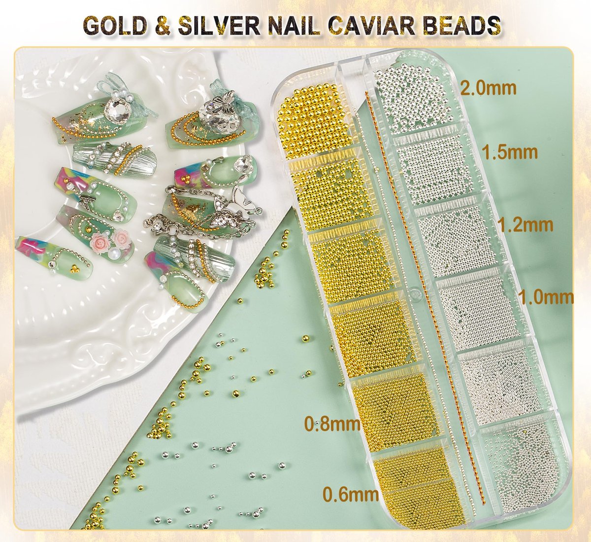 4390pcs Gold Nail Charms Caviar Beads for Nails - 2 Box Silver & Gold Beads and Flatback Pearls for Nail Art Supplies - görsel 5