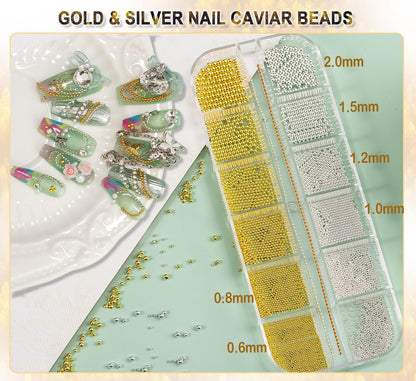 4390pcs Gold Nail Charms Caviar Beads for Nails - 2 Box Silver & Gold Beads and Flatback Pearls for Nail Art Supplies