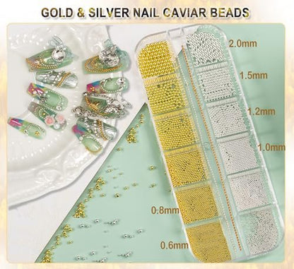 4390pcs Gold Nail Charms Caviar Beads for Nails - 2 Box Silver & Gold Beads and Flatback Pearls for Nail Art Supplies