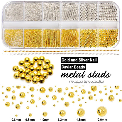 4390pcs Gold Nail Charms Caviar Beads for Nails - 2 Box Silver & Gold Beads and Flatback Pearls for Nail Art Supplies