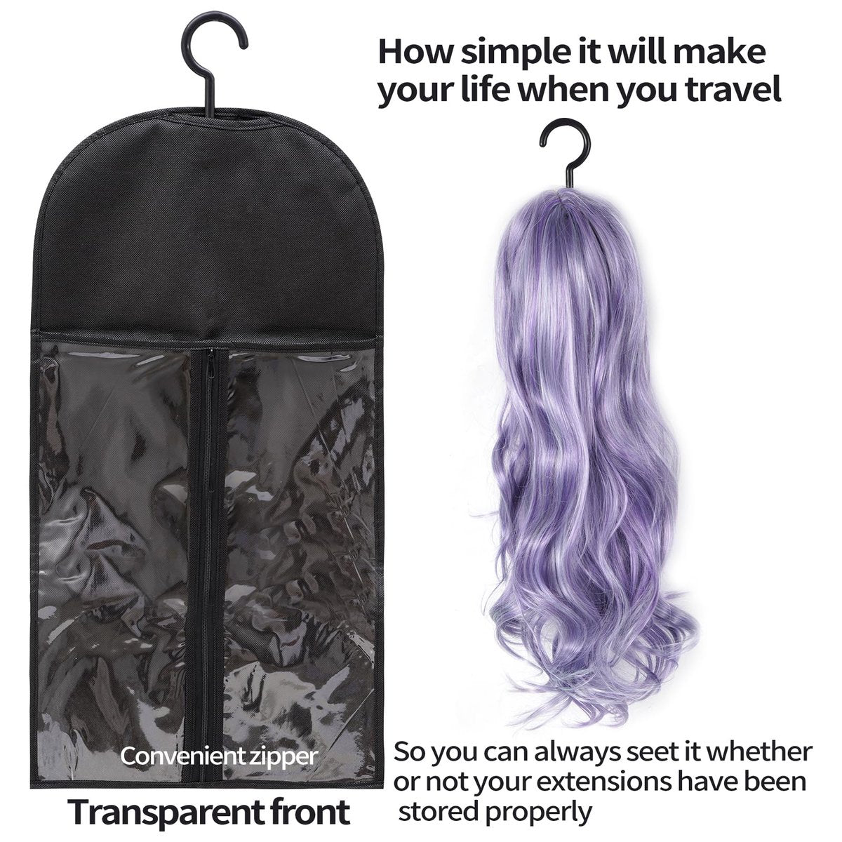 Hadwoer 4-Pack Hair Extension Holder – Dust-Proof Wig Storage Bags with Hanger for Multiple Wigs and Hair Extensions - görsel 3