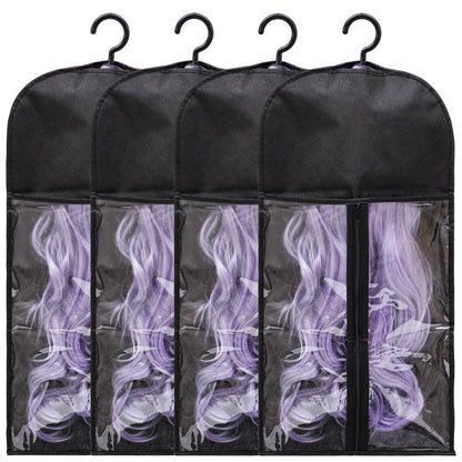 Hadwoer 4-Pack Hair Extension Holder – Dust-Proof Wig Storage Bags with Hanger for Multiple Wigs and Hair Extensions