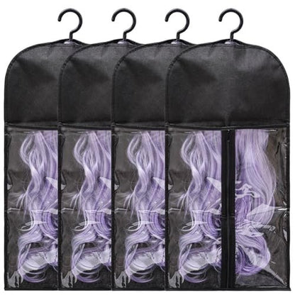 Hadwoer 4-Pack Hair Extension Holder – Dust-Proof Wig Storage Bags with Hanger for Multiple Wigs and Hair Extensions