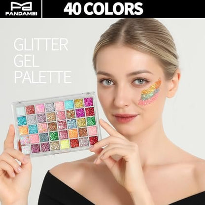 FANDAMEI Face Glitter & Face Gems Set - 40 Colors Glitter Gel Palette with 6 Sheets Self-Adhesive Hair Gems, Face Jewels for Women, Body Hair Glitter