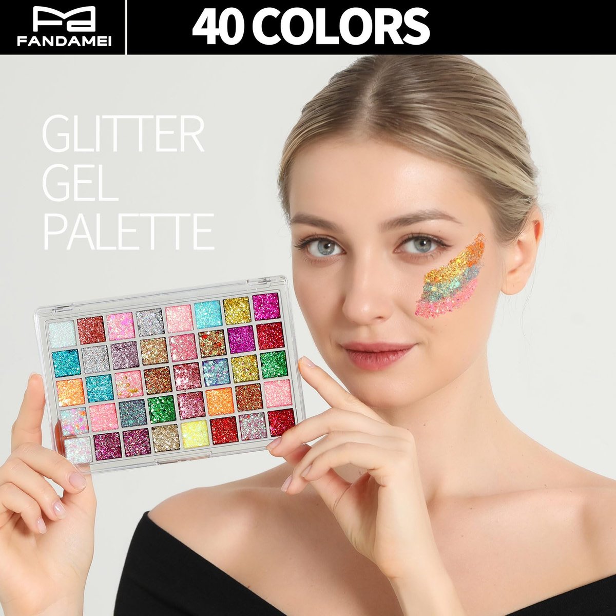 FANDAMEI Face Glitter & Face Gems Set - 40 Colors Glitter Gel Palette with 6 Sheets Self-Adhesive Hair Gems, Face Jewels for Women, Body Hair Glitter - görsel 3