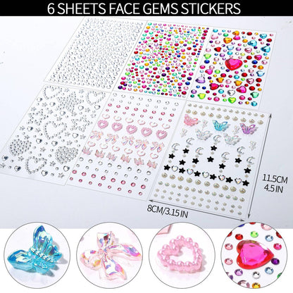 FANDAMEI Face Glitter & Face Gems Set - 40 Colors Glitter Gel Palette with 6 Sheets Self-Adhesive Hair Gems, Face Jewels for Women, Body Hair Glitter