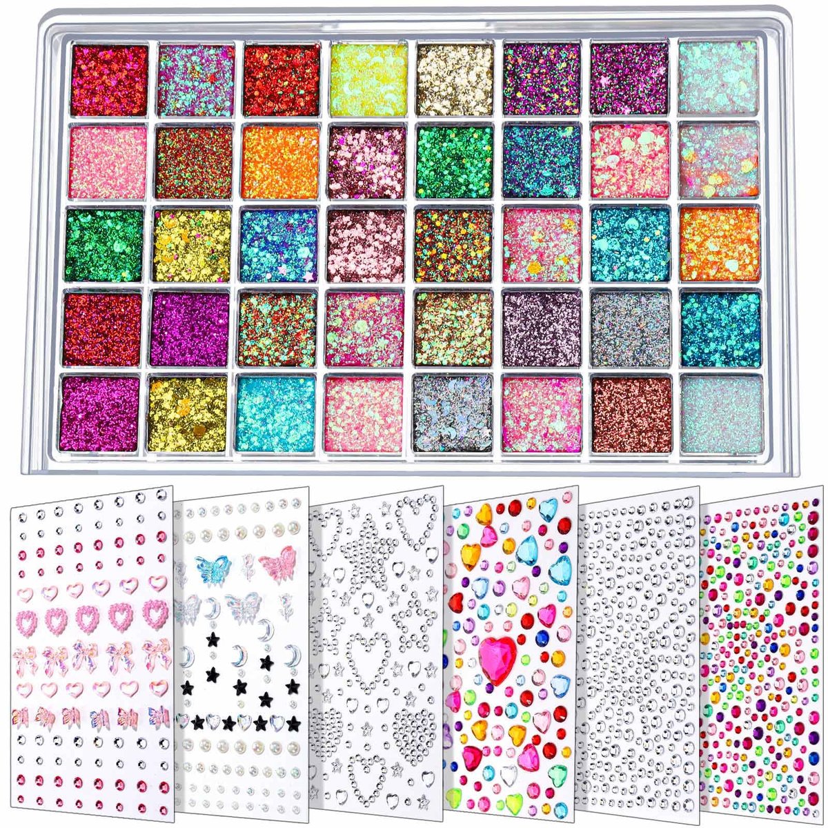 FANDAMEI Face Glitter & Face Gems Set - 40 Colors Glitter Gel Palette with 6 Sheets Self-Adhesive Hair Gems, Face Jewels for Women, Body Hair Glitter - görsel 1