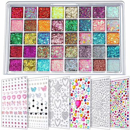 FANDAMEI Face Glitter & Face Gems Set - 40 Colors Glitter Gel Palette with 6 Sheets Self-Adhesive Hair Gems, Face Jewels for Women, Body Hair Glitter