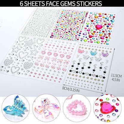 FANDAMEI Face Glitter & Face Gems Set - 40 Colors Glitter Gel Palette with 6 Sheets Self-Adhesive Hair Gems, Face Jewels for Women, Body Hair Glitter