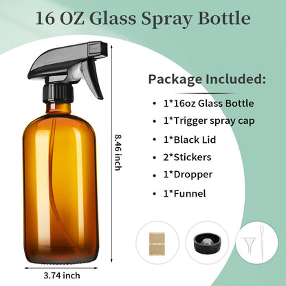 GIVAMEIHF 16oz Amber Glass Spray Bottle – Refillable, Adjustable Nozzle, Multipurpose for Essential Oils, Cleaning, Pets, Hair Mister
