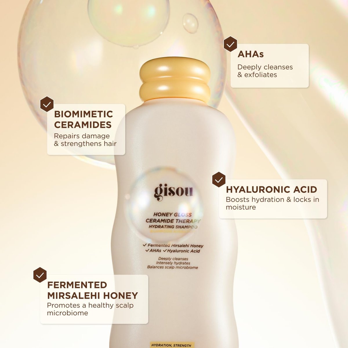 Gisou Honey Gloss Ceramide Therapy Hydrating Shampoo – Deeply Cleanses & Restores Moisture with Ceramides & AHAs, Wildflower Honey Scent, 8.5 fl oz Avelisse
