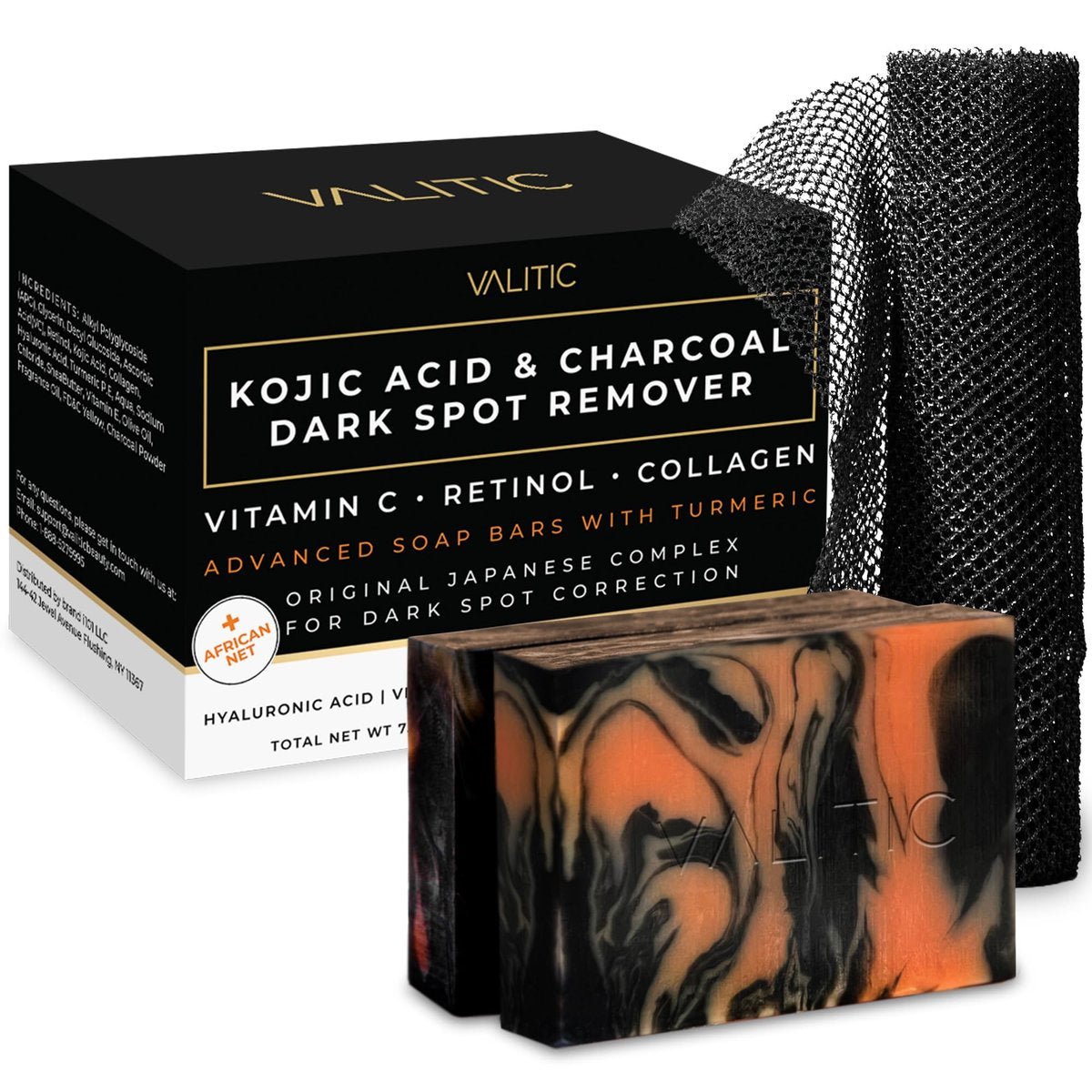 VALITIC Charcoal Kojic Acid Turmeric Black Soap Bar - Dark Spot Remover for Body & Face, 2 Pack with African Net Sponge Avelisse