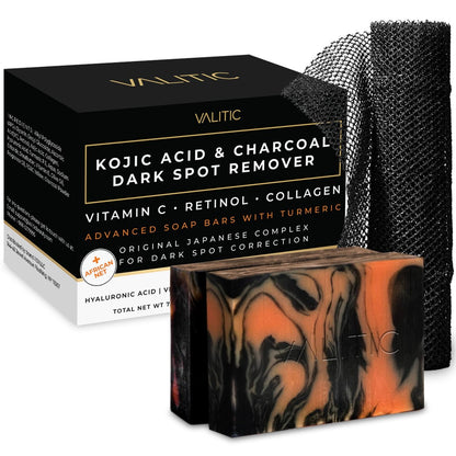 VALITIC Charcoal Kojic Acid Turmeric Black Soap Bar - Dark Spot Remover for Body & Face, 2 Pack with African Net Sponge Avelisse