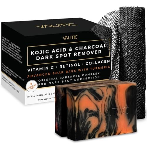 VALITIC Charcoal Kojic Acid Turmeric Black Soap Bar - Dark Spot Remover for Body & Face, 2 Pack with African Net Sponge Avelisse