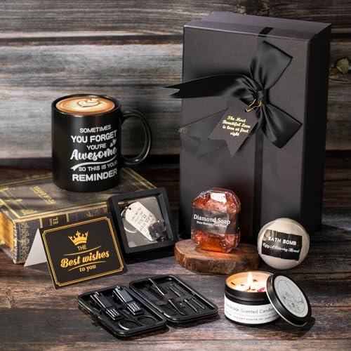 7 Pcs Gifts for Men - Self Care Spa Kit for Dad, Boyfriend, Husband, Brother, Friend - Bath Set with Ceramic Mug, Grooming & Relaxation Stress Relief Avelisse