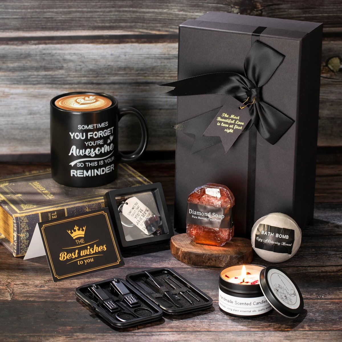 7 Pcs Gifts for Men - Self Care Spa Kit for Dad, Boyfriend, Husband, Brother, Friend - Bath Set with Ceramic Mug, Grooming & Relaxation Stress Relief Avelisse