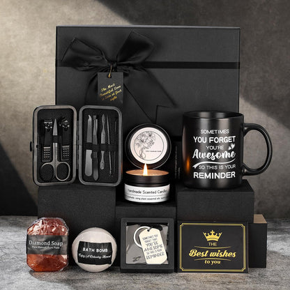 7 Pcs Gifts for Men - Self Care Spa Kit for Dad, Boyfriend, Husband, Brother, Friend - Bath Set with Ceramic Mug, Grooming & Relaxation Stress Relief Avelisse