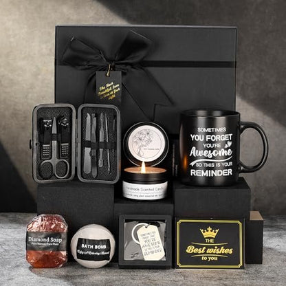 7 Pcs Gifts for Men - Self Care Spa Kit for Dad, Boyfriend, Husband, Brother, Friend - Bath Set with Ceramic Mug, Grooming & Relaxation Stress Relief Avelisse