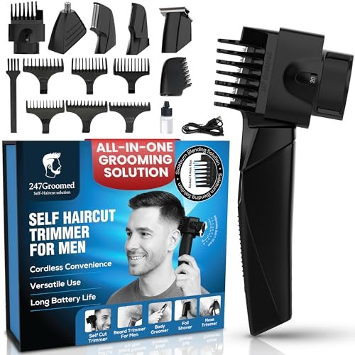 247 Groomed Self Haircut Trimmer For Men – Auto Blending Hair Trimmer, Self Hair Fading Tool, Adjustable Fade Guide (1–20mm), Hair Clippers, Beard, Nose Trimmer, Foil Shaver, Unisex Body Groomer Avelisse