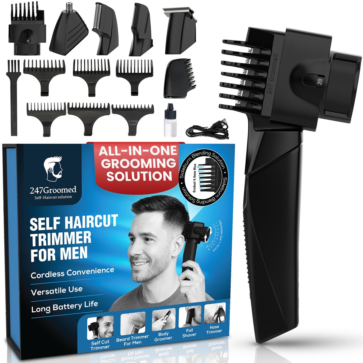 247 Groomed Self Haircut Trimmer For Men – Auto Blending Hair Trimmer, Self Hair Fading Tool, Adjustable Fade Guide (1–20mm), Hair Clippers, Beard, Nose Trimmer, Foil Shaver, Unisex Body Groomer Avelisse