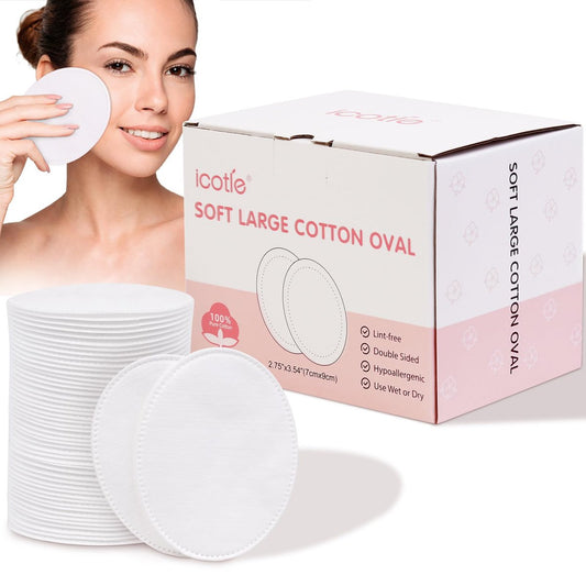 ICOTLE Oval Cotton Pads (100 Count) - Ultra-Soft 100% Cotton Spunlace, Large Makeup Remover Pads for Facial Cleansing & Toner Application