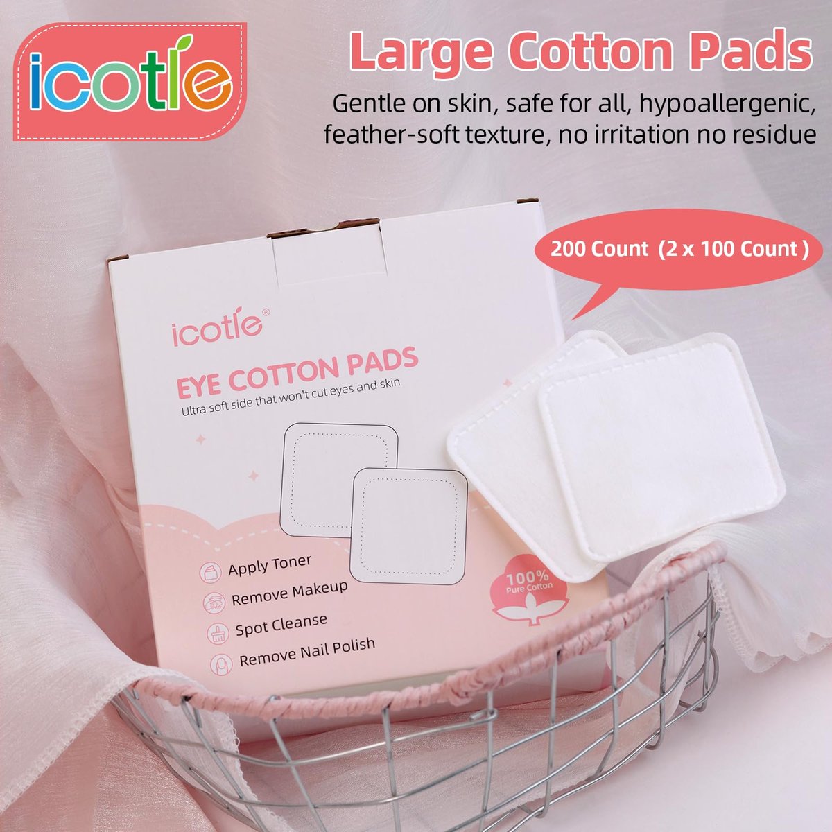 200-Count 100% Cotton Ultra Soft Square Eye Cotton Pads – Spunlace Technology, Makeup Remover Pads for Facial Cleansing, All Skin Types - görsel 10