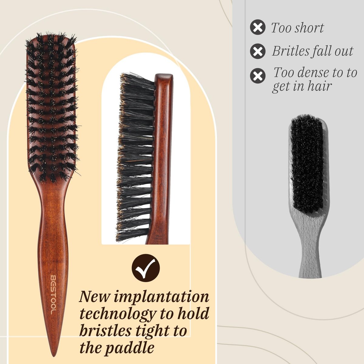 BESTOOL Pure Boar Bristle Hair Brush – Smooth Flyaways, Edge Control & Slick Back for Women, Men & Kids – Best for Sensitive Scalp, Medium, Thin & Fine Hair - görsel 7