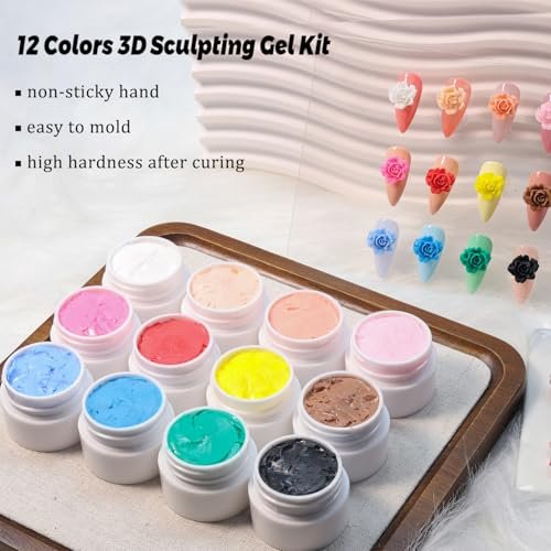 Fcozpjk 3D Sculpture Gel Kit - 12 Colors Non-Sticky Hand Builder Nail Gel with Silicone Carving Pen for Nail Art Flowers Modeling, Manicure Salon Supplies Avelisse
