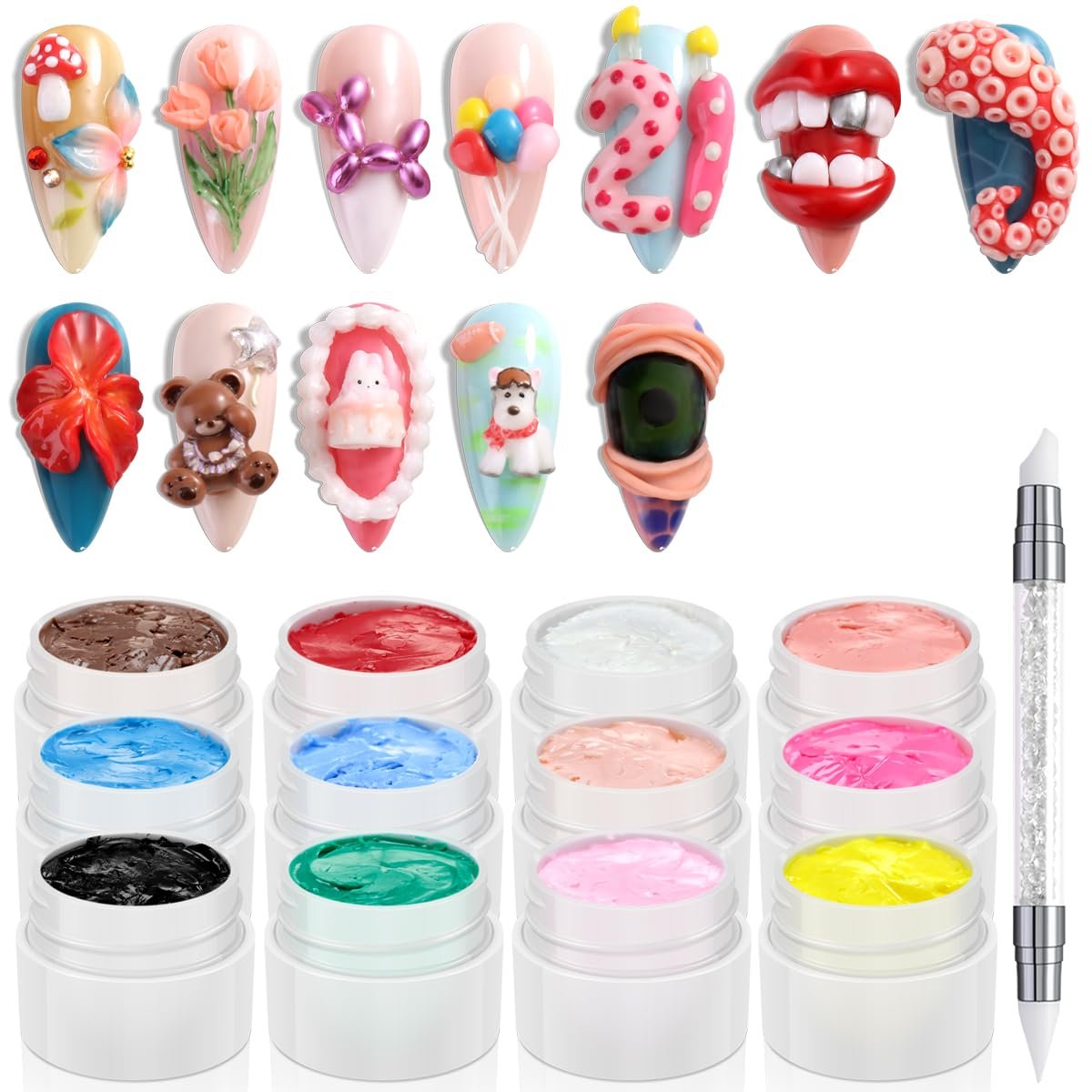 Fcozpjk 3D Sculpture Gel Kit - 12 Colors Non-Sticky Hand Builder Nail Gel with Silicone Carving Pen for Nail Art Flowers Modeling, Manicure Salon Supplies Avelisse